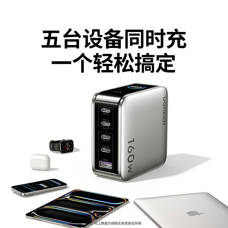 綠聯(lian)速(su)顯充 160W快充屏顯氮化镓五口充電(dian)器(qi)