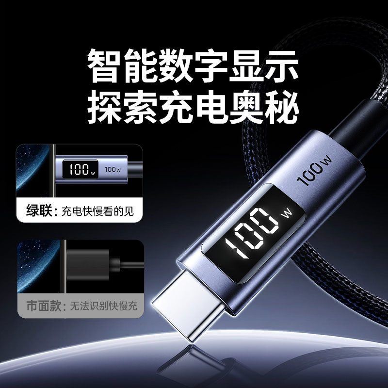 綠聯(lian)PD100W數(shu)顯雙頭 Type-C 數(shu)據線(xiàn)