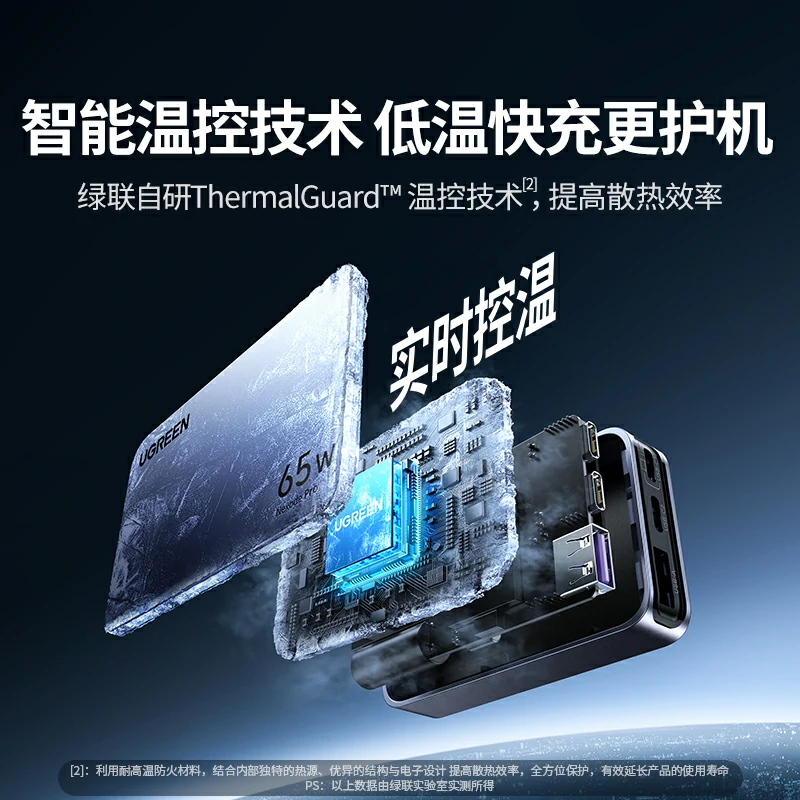 綠聯(lian) Nexode 閃充湃Pro 65W三口氮化镓餅幹充電(dian)器(qi)