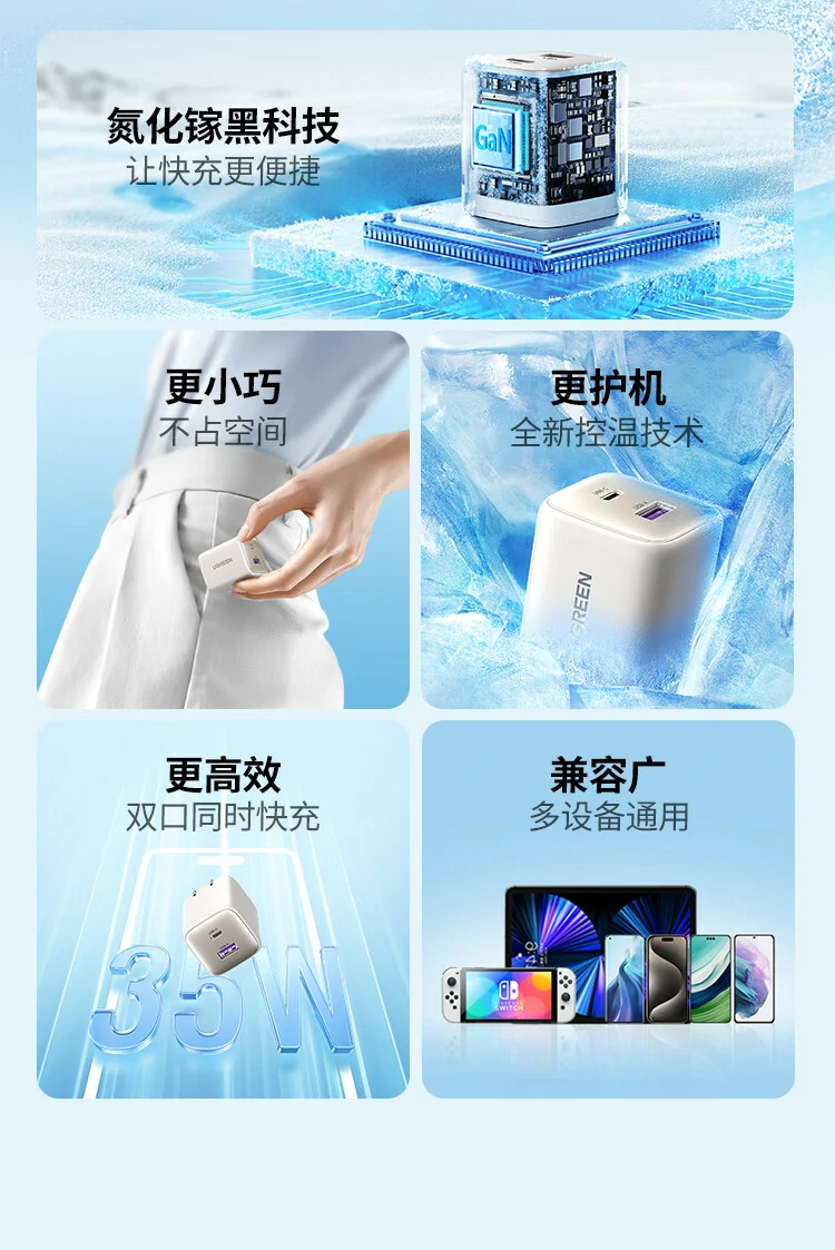 綠聯(lian)35W雙口GaN接口配(pei)置,C+A雙口兼容快充功能(néng) 綠聯(lian)35W雙口GaN充電(dian)器(qi)接口特寫,支持USB-C與USB-A雙口快充