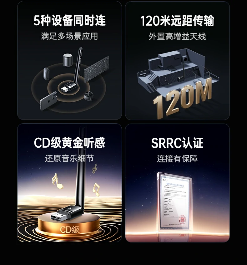 UGREEN綠聯(lian)-品(pin)質(zhi)新(xin)體(ti)驗(yàn),數(shu)碼選綠聯(lian) 綠聯(lian)藍牙6.0适配(pei)器(qi)CM749 120米遠(yuǎn)距離信(xin)号傳(chuan)輸(shu)展(zhan)示