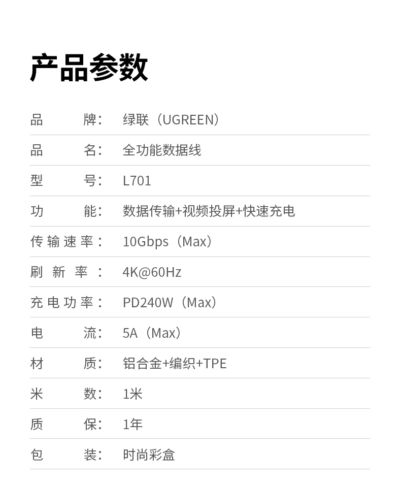 UGREEN綠聯(lian)-品(pin)質(zhi)新(xin)體(ti)驗(yàn),數(shu)碼選綠聯(lian) L701産(chan)品(pin)參數(shu)信(xin)息及(ji)包裝(zhuang)細節(jie)展(zhan)示