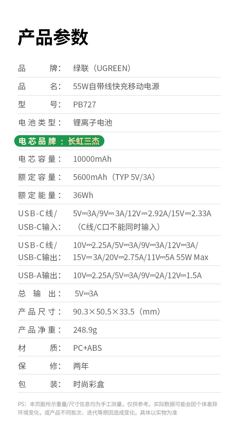 綠聯(lian)PB727能(néng)量湃Pro充電(dian)寶 55W快充自帶線(xiàn) 全能(néng)移動(dòng)電(dian)源